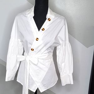 Womens White Wrap Blouse With Balloon Sleeves